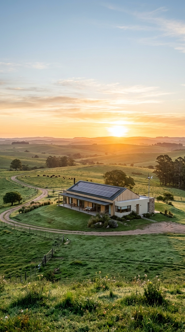 Casa de campo uruguaya al atardecer, con paneles solares y molino eólico